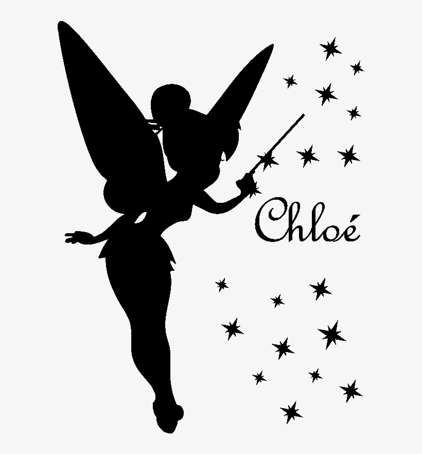 Silhouette of Tinker Bell flying with wand, casting stars, beside the name "Chloé".
