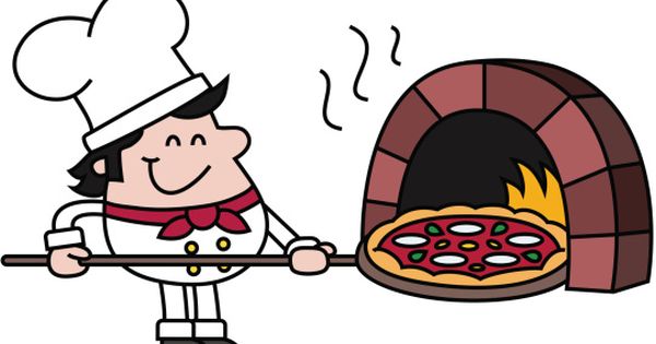 Cheerful cartoon chef pulling a fresh pizza from a brick oven with steam rising.