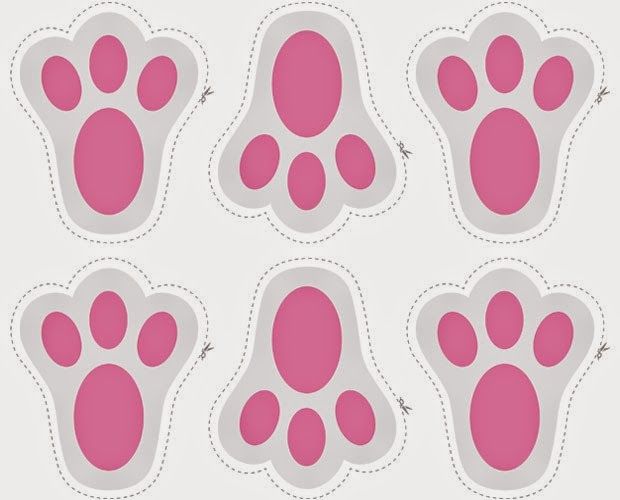 Six pink and gray cartoon-style animal paw prints with dashed cut lines, arranged in two rows of three.