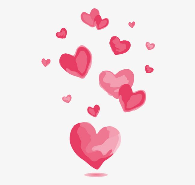 Floating pink hearts in watercolor style, varying sizes, joyful romantic illustration.