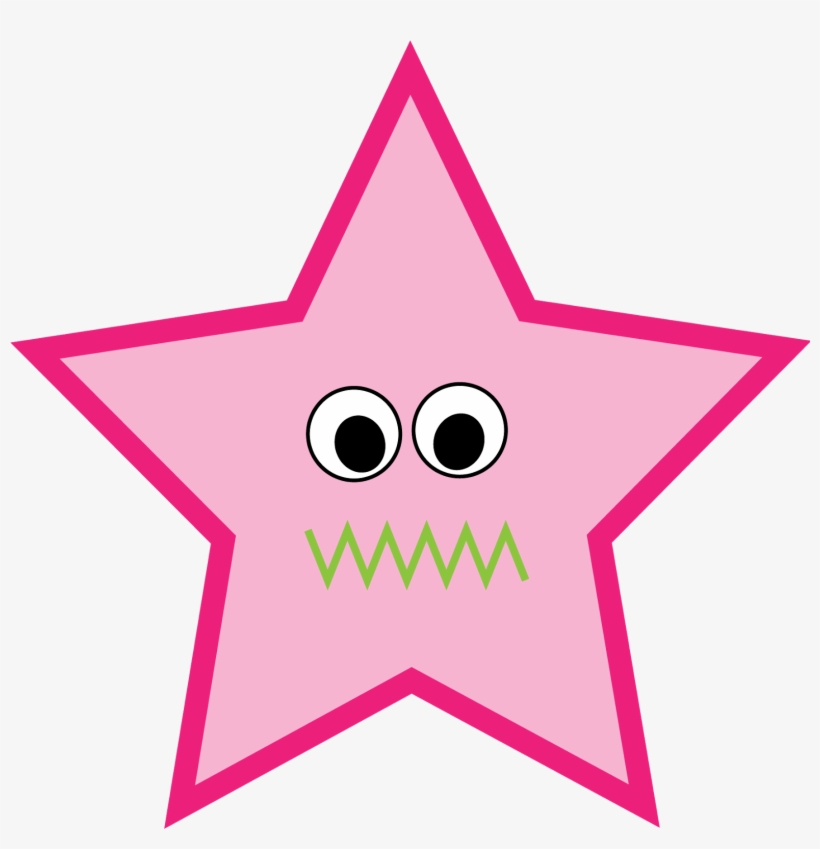 Pink cartoon star with wide eyes and a green zigzag mouth, outlined in magenta.