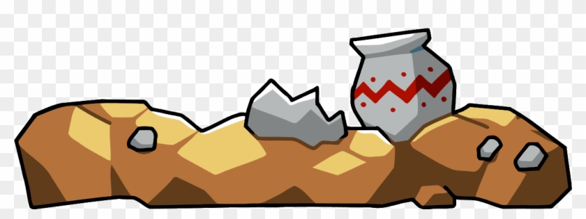 A cartoon-style archaeological scene with a broken pottery shard and a decorated clay vase on rocky terrain.