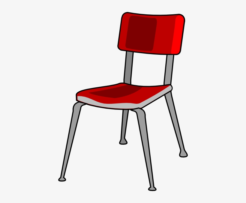 Red plastic school chair with gray metal legs and foot caps, cartoon-style illustration.
