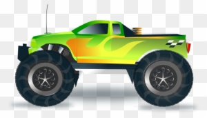 Vibrant green and yellow monster truck with oversized tires and checkered flag detail on transparent background.