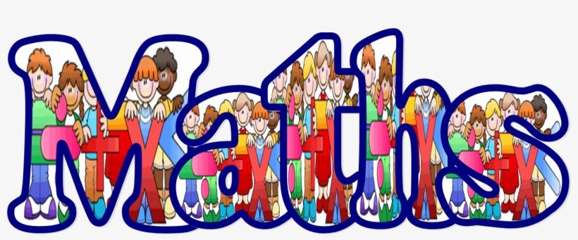 Colorful cartoon children filling the word "Maths" in bold blue outline.