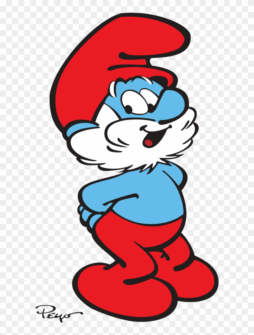 Papa Smurf, the wise leader of the Smurfs, wearing his iconic red hat and pants, smiling confidently with arms crossed.