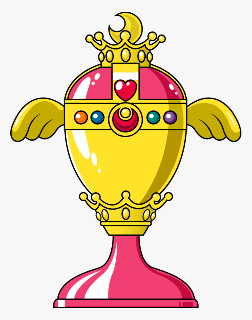 Golden chalice with crown, wings, heart gem, and colorful jewels-Sailor Moon-inspired magical artifact.