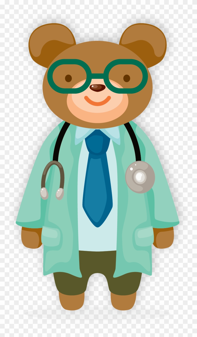 Friendly cartoon bear wearing green glasses, doctor’s coat, stethoscope, and blue tie-ideal for pediatric or children’s health content.