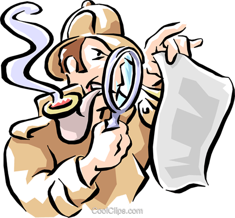 Cartoon detective in trench coat and deerstalker hat, smoking pipe, examining document with magnifying glass.