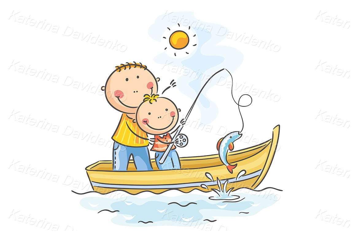 Father and child fishing together in a small yellow boat under a sunny sky, with a fish caught on the line.