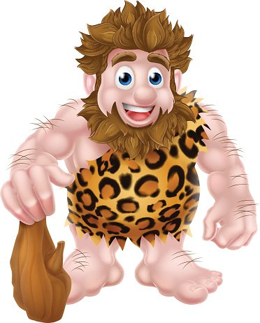 Friendly cartoon caveman with brown hair, beard, leopard-skin loincloth, and wooden club, smiling at viewer.