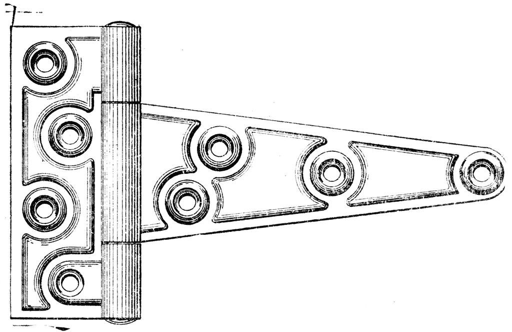 Vintage ornate T-hinge with decorative scrollwork and multiple mounting holes, shown in technical line drawing style.