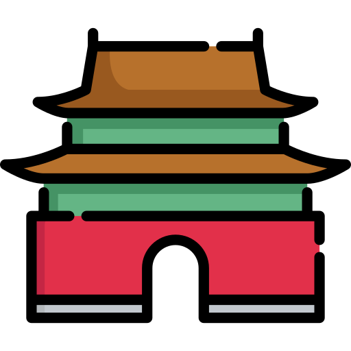 Stylized flat illustration of India Gate, a war memorial in New Delhi, featuring red base, green and brown tiers, and arched entrance.