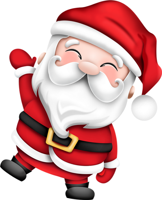 Cheerful cartoon Santa Claus dancing with closed eyes, wearing red suit and hat, white beard and mustache.