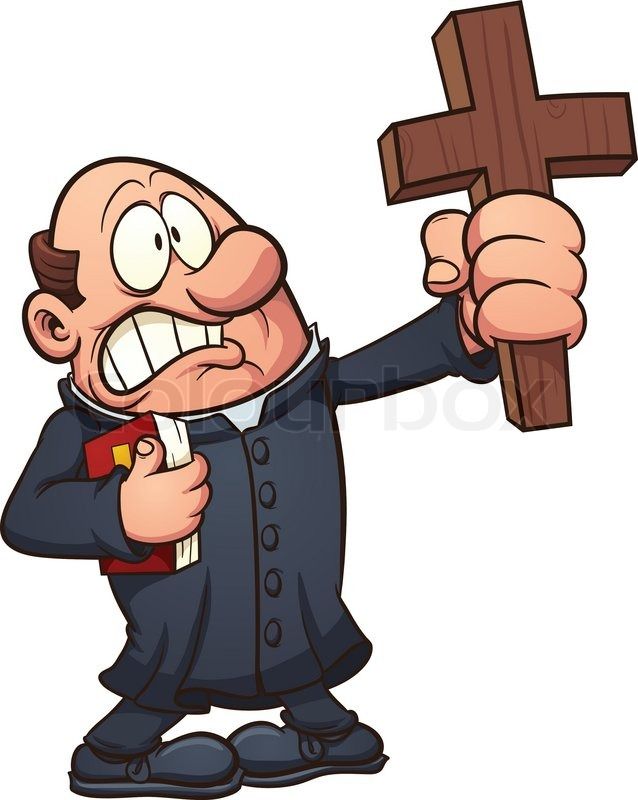Cartoon priest with wide eyes and gritted teeth, holding a wooden cross aloft and clutching a Bible.