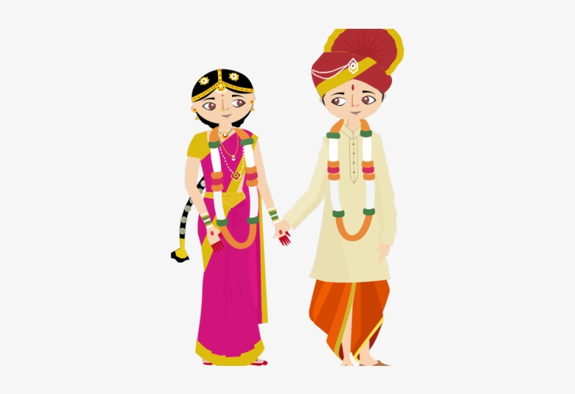 Illustration of a traditional South Indian bride and groom in ceremonial attire, holding hands.