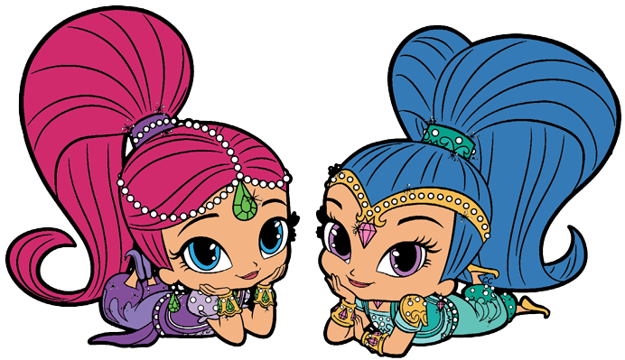 Two animated genie girls with vibrant pink and blue hair, ornate headbands, and jewel-adorned outfits, lying side by side smiling.