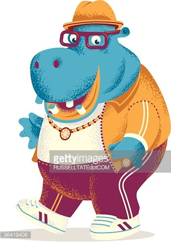 Stylish cartoon hippo wearing glasses, hat, gold chain, and sporty outfit walking confidently.