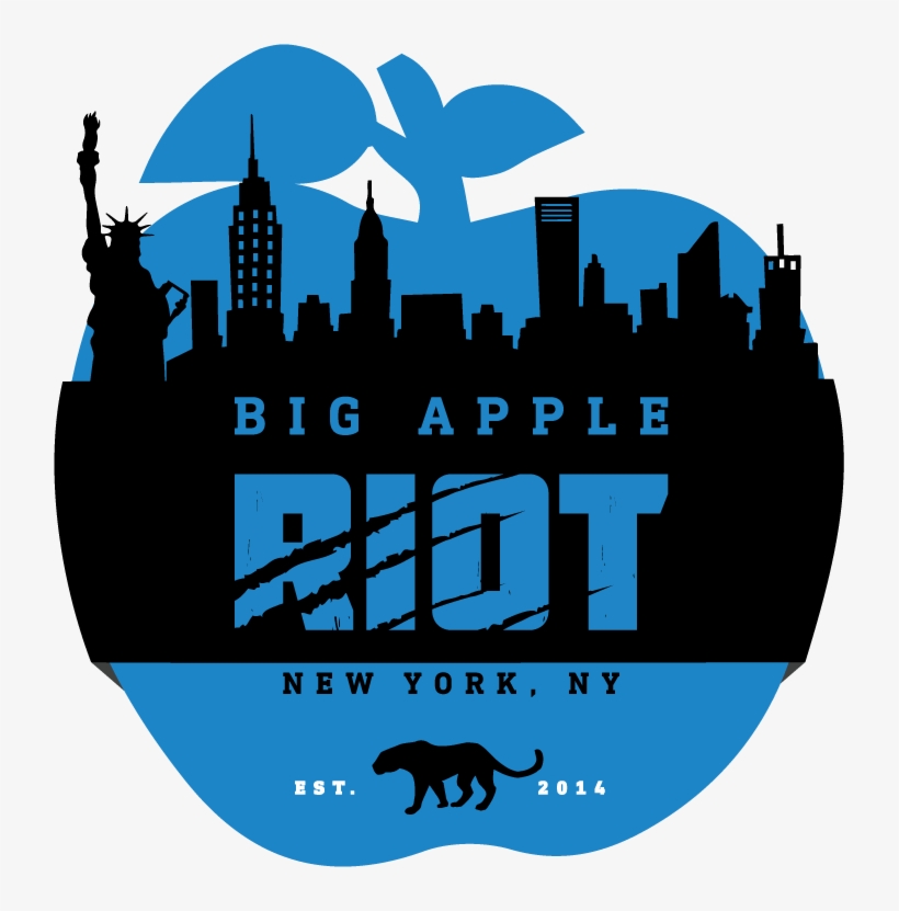 Big Apple Riot logo featuring NYC skyline, Statue of Liberty, apple shape, and panther silhouette, established 2014.