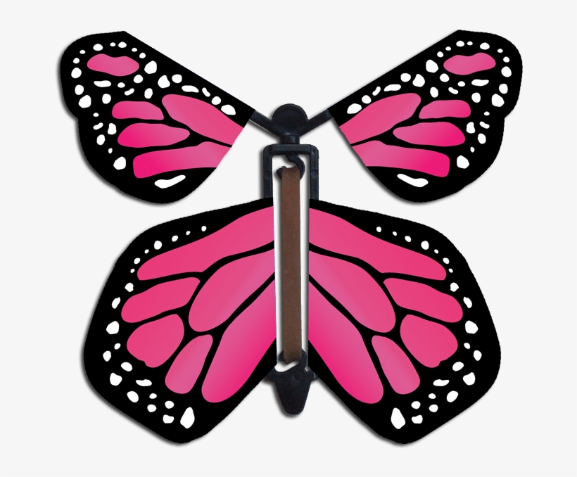 Pink and black mechanical butterfly toy with articulated wings and central spring mechanism.