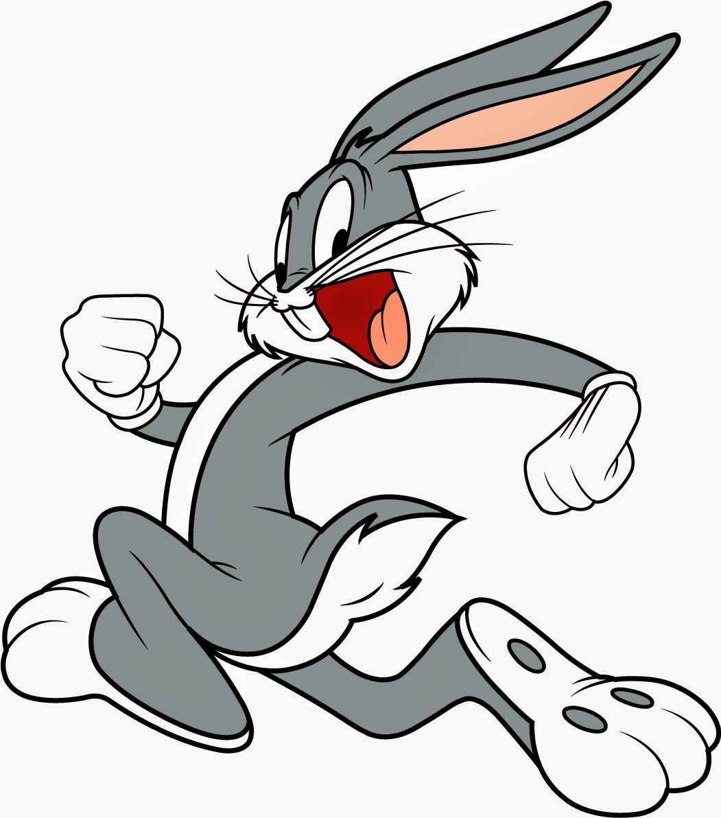 Bugs Bunny running energetically with a joyful expression, fists clenched and mouth open in classic cartoon style.