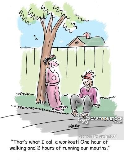 Two cartoon women joking about a "workout" consisting of walking and running their mouths, under a tree by a fence.