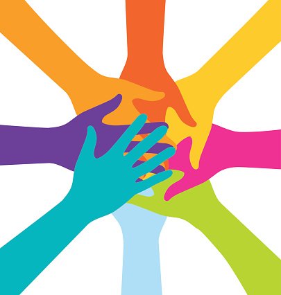Eight colorful hands overlapping in a circle, symbolizing unity, diversity, and teamwork.