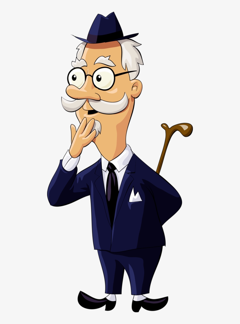 Cartoon elderly gentleman with mustache, glasses, fedora, suit, and cane, appearing thoughtful.