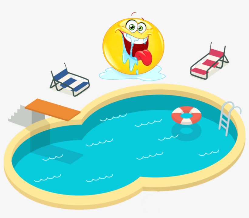 Cheerful yellow emoji sweating and drooling beside a backyard swimming pool with lounge chairs and a life ring.