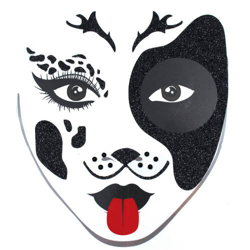 Stylized black-and-white dog face mask with glitter, expressive eye makeup, and a red tongue sticking out.