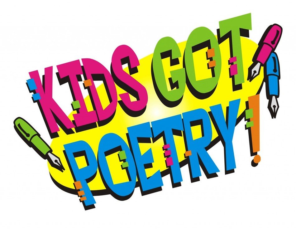 Colorful "Kids Got Poetry!" logo with playful fonts and fountain pens on yellow burst background.