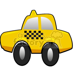 Bright yellow cartoon taxi with black-and-white checkered side panel and roof light, smiling face design.