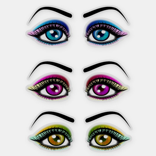 Three pairs of vibrant, stylized illustrated eyes with colorful makeup and bold eyebrows.