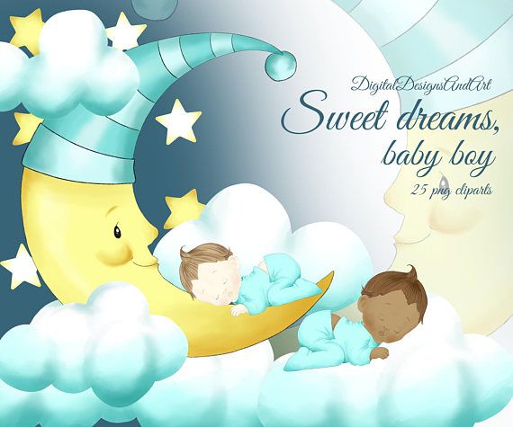Two sleeping baby boys on clouds and a crescent moon with stars, under a night sky-sweet dreams theme.
