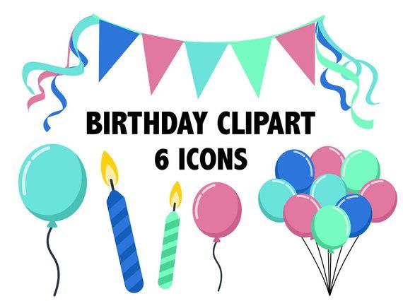 Colorful birthday clipart set with bunting, balloons, and candles-6 festive icons for party designs.