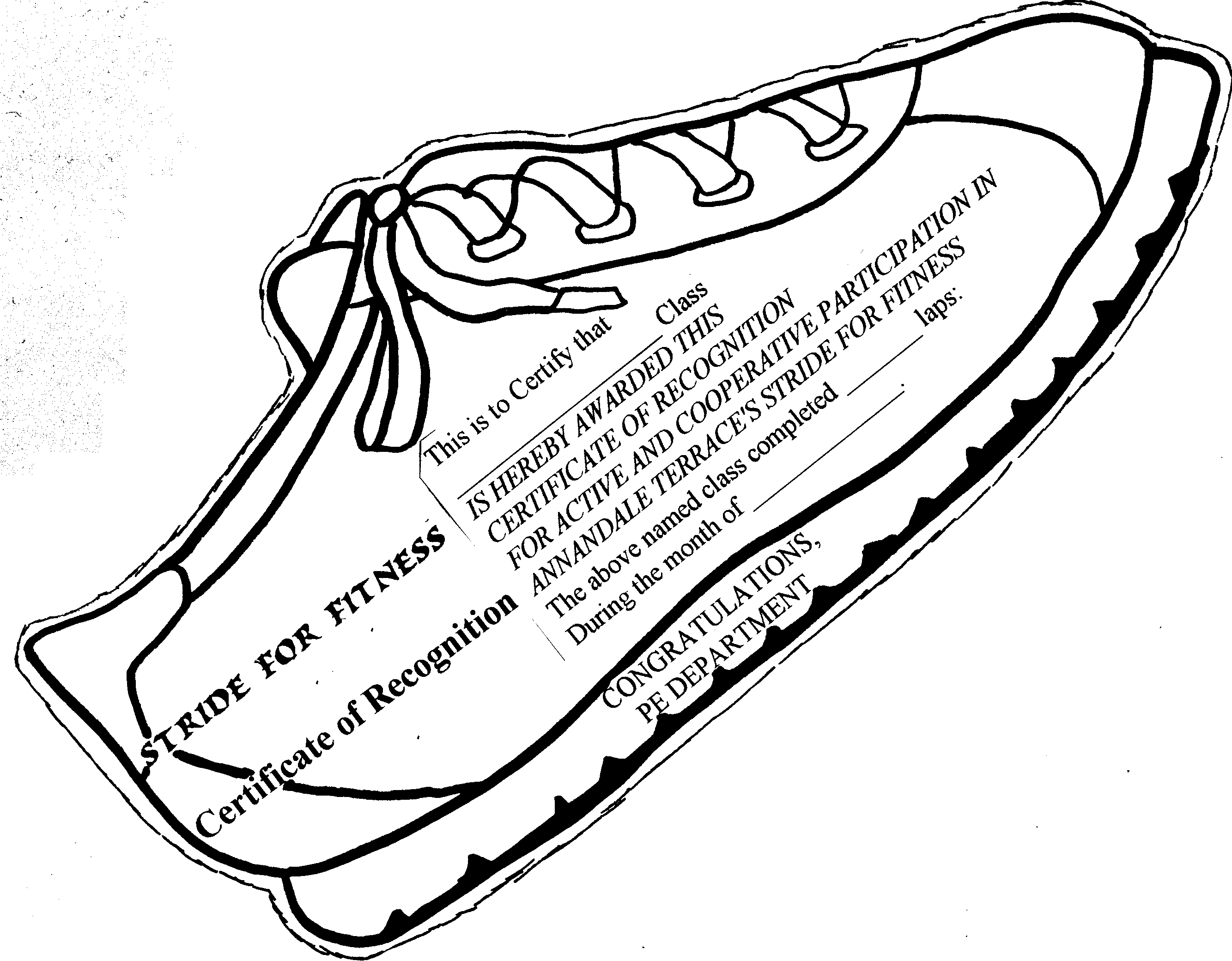 Black-and-white line drawing of a running shoe with "Stride for Fitness" certificate text inside.