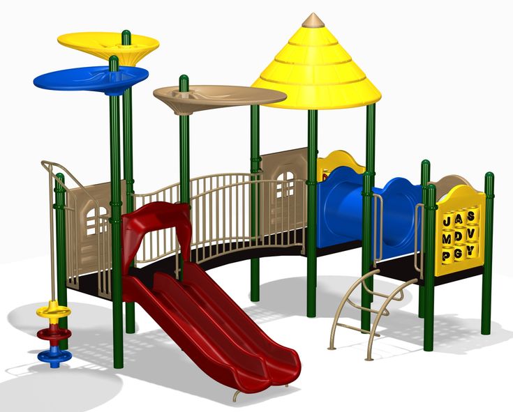 Colorful modular playground structure with slides, climbing panels, tunnels, and interactive play elements for children.