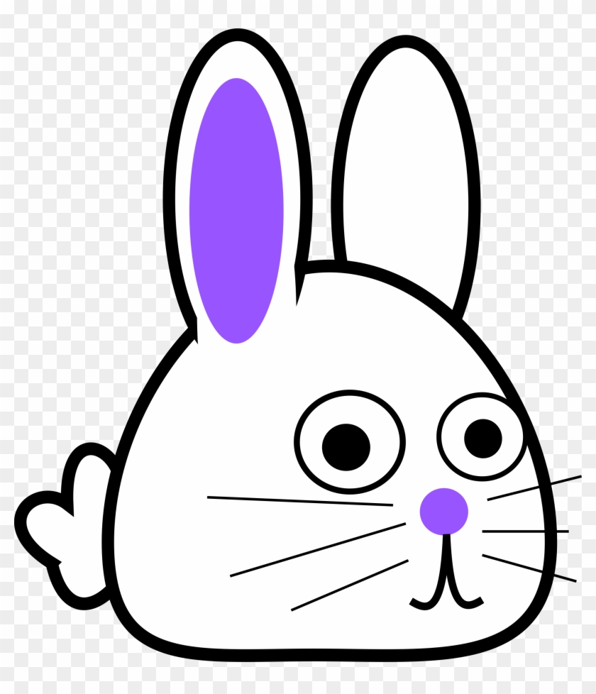 Cute cartoon white rabbit with purple inner ear and nose, large eyes, and simple black outline on transparent background.