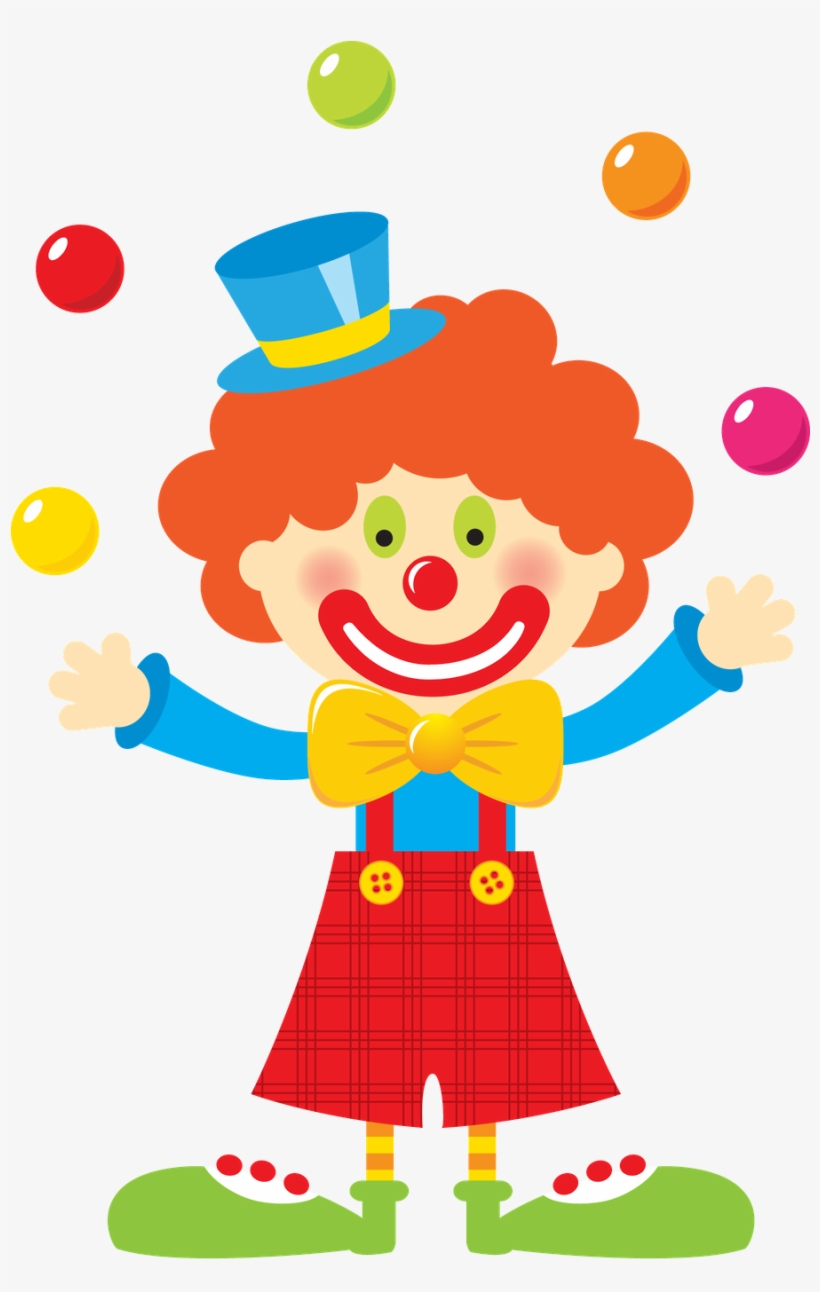 Cheerful cartoon clown juggling colorful balls, wearing blue hat, red wig, yellow bowtie, and plaid shorts.