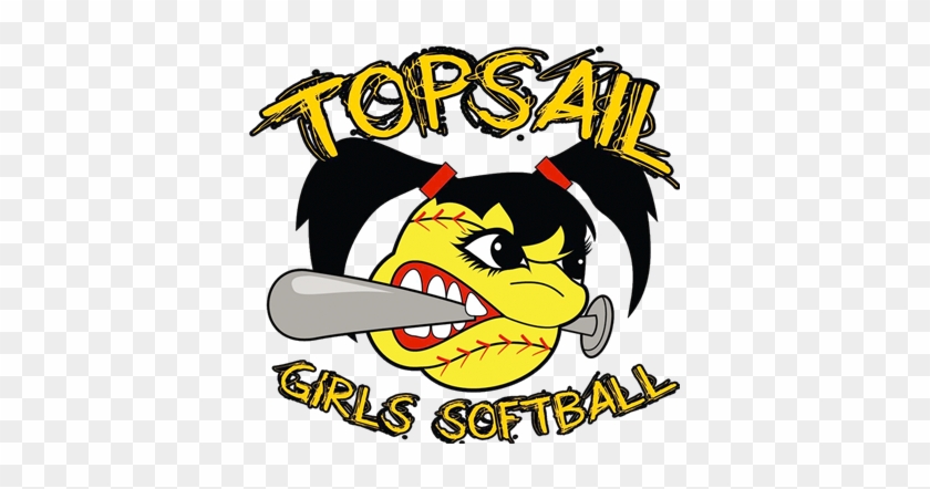 TopSail Girls Softball logo featuring a cartoon softball with pigtails biting a bat.
