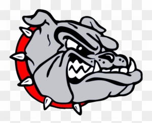 Aggressive gray bulldog mascot head with red spiked collar, stylized for sports or school branding.