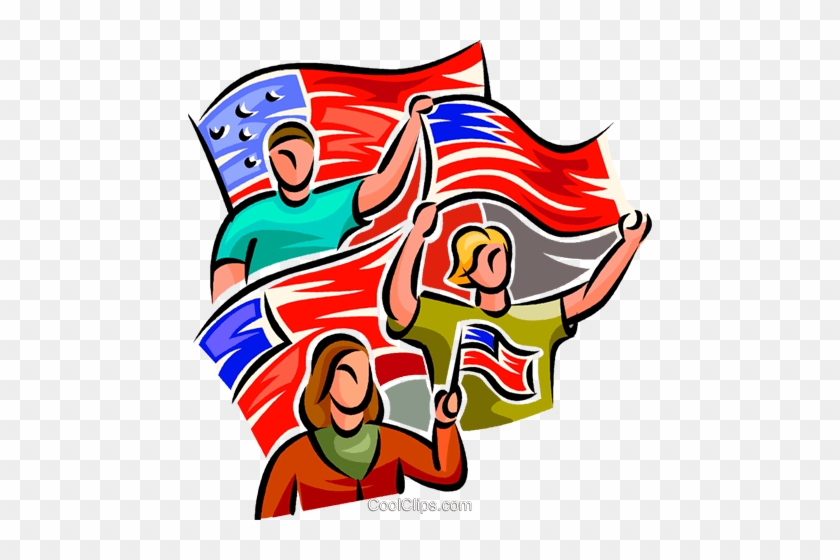 Three diverse people waving American flags in celebration, stylized illustration.