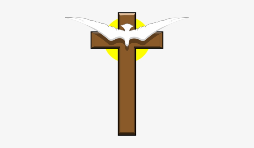 White dove with outstretched wings perched on a wooden cross, symbolizing the Holy Spirit and Christian faith.