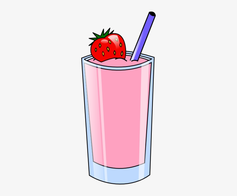 Pink strawberry smoothie in a tall glass with a purple straw and fresh strawberry garnish on top.