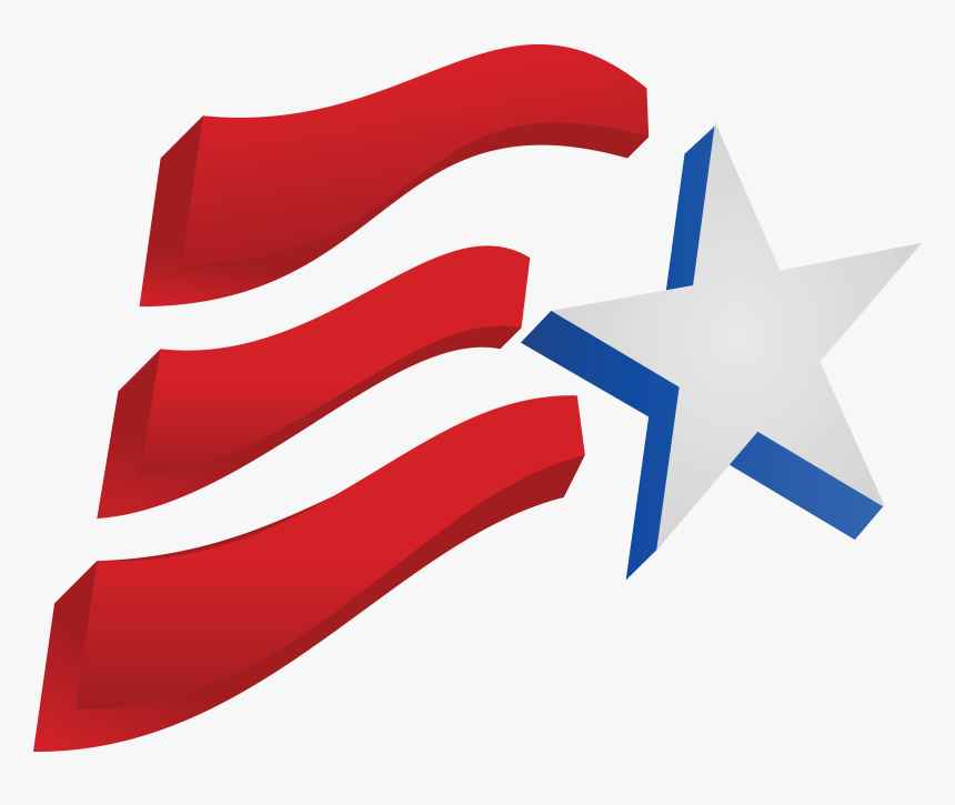 Red wavy ribbons and a white star with blue outline, evoking American patriotism and dynamism.