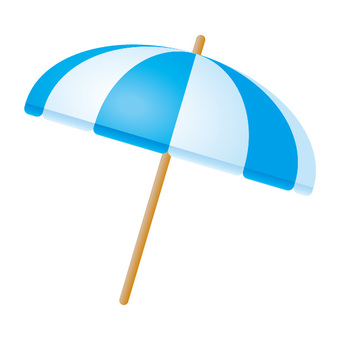 Blue and white striped beach umbrella with wooden pole on white background.