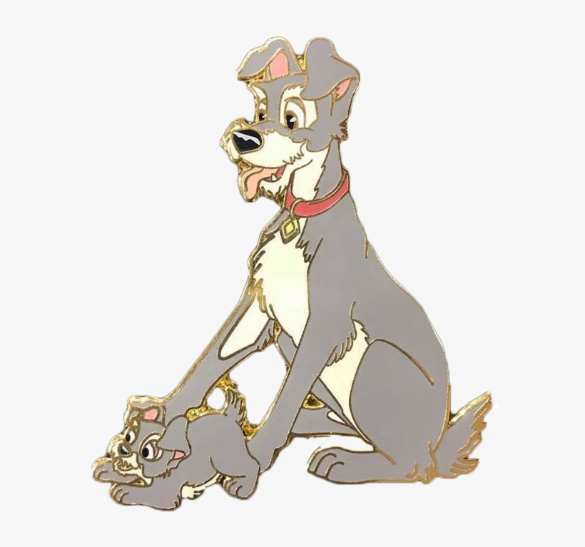 Disney's Lady and the Tramp enamel pin featuring Lady sitting with her puppy, detailed with gold trim and red collar.