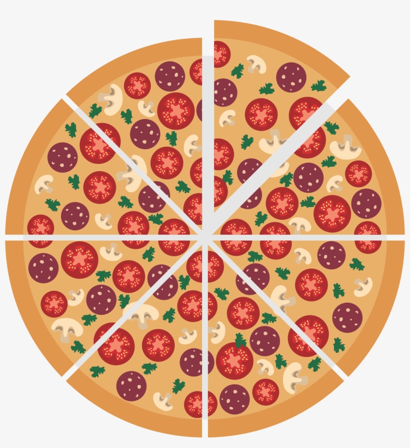 A colorful cartoon-style pizza sliced into eight equal pieces, topped with tomato slices, mushrooms, pepperoni, and herbs.