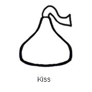 Simple black-and-white line drawing of a Hershey's Kiss chocolate with a twisted foil wrapper and the word "Kiss" below.