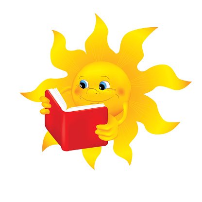 Cheerful yellow sun character with blue eyes reading a red book against white background.
